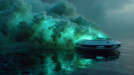 A futuristic vessel neutralizing ocean acidity, restoring a coral reef.