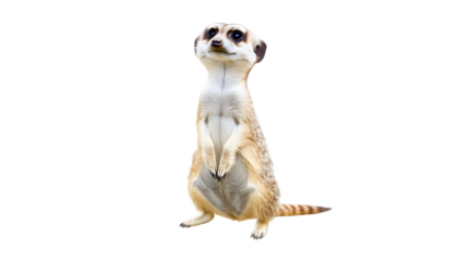 A meerkat stands upright on a white background, looking upwards with its paws held close to its chest.