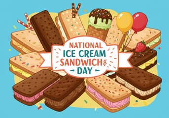 Celebrating National Ice Cream Sandwich Day with colorful treats and joyful balloons in soft pastel