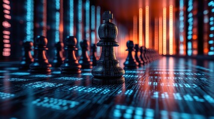 Chess king on digital board, strategic light