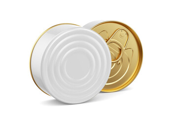 Two golden round tin cans with pull ring tab isolated. 3D rendering illustration. Transparent PNG image.