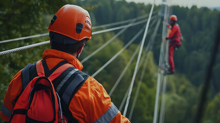 Utility workers inspecting power lines over a forest, wearing safety gear. One worker walks along the lines high above the ground. Dangerious job.