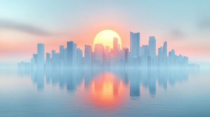 Obraz premium City skyline at sunrise, misty reflection