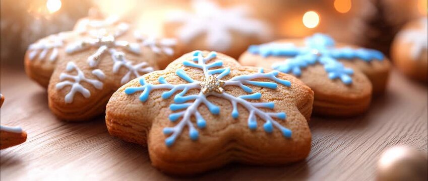 Beautifully decorated gingerbread cookies featuring delicate blue snowflakes sit on a wooden table, radiating warmth and festive charm perfect for holiday gatherings.