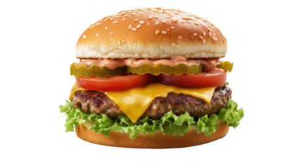 Delicious juicy cheese burger with toppings on white background