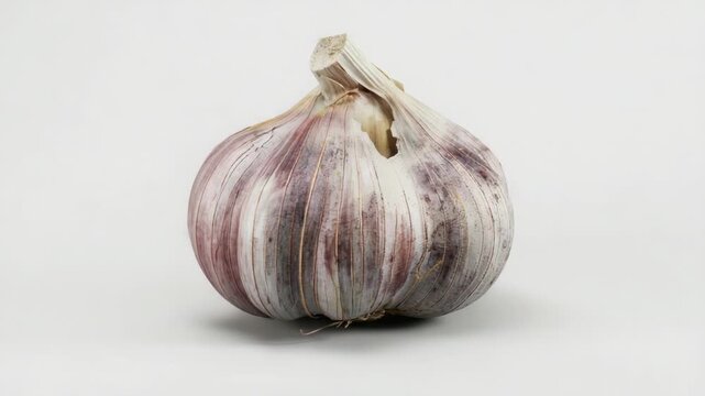 A close-up view of a garlic bulb on a white background, great for culinary or cooking related content
