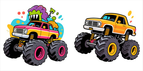 Fototapeta premium Art of two cartoon monster trucks on white