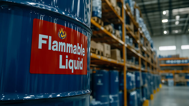 Blue barrel in warehouse labeled "Flammable Liquid" with a flame icon. Industrial storage and safety precautions are highlighted.