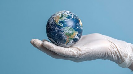 A gloved hand gently cradles a detailed globe against a solid light blue background, a serene view.