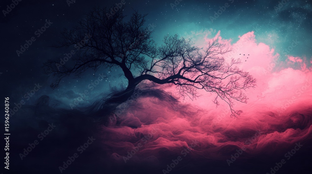 Poster artistic render of a tree in a vibrant color palette with dreamy background