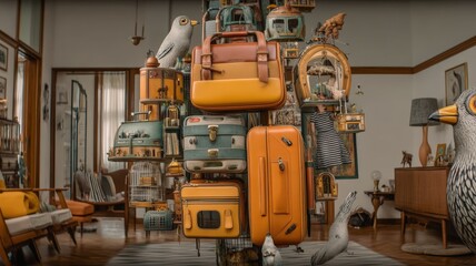 Pet Business Eclectic vintage suitcase collection stacking with diverse travel luggage in cozy room a festive pet in a meeting