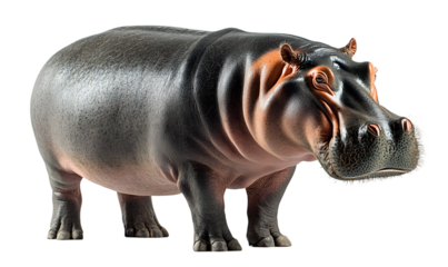 A large hippopotamus stands against a pure white background. Its skin shows a blend of dark and reddish-brown hues.