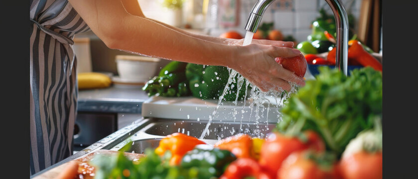 Man washes vegetables under the tap, useful for articles on cooking and healthy eating.