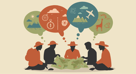 A group of people planning a travel adventure, depicted with speech bubbles containing travel-related icons.