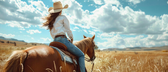 Woman in cowboy hat riding a horse in a field, rear view. Useful for travel and western style themes.