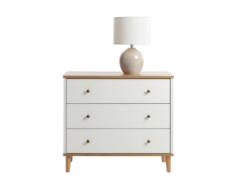 Modern wooden nightstand with table lamp for bedroom interior decoration isolated on white background