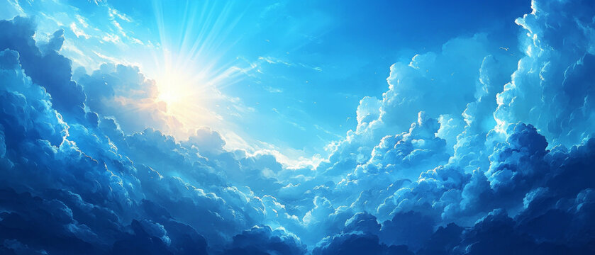 Sunlight breaks through the clouds creating a bright and inspiring sky. Background for inspirational posts and covers.