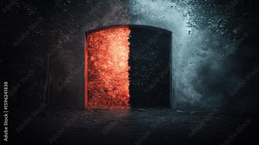 Poster divine gate of light and shadow: a shining portal between realms with contrasting elements