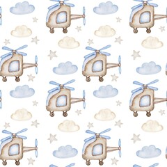 Seamless watercolor pattern with helicopter.