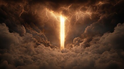 Fototapeta premium Glowing Archway with Angelic Figures in Dramatic Thunderstorm Scene