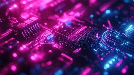 Close-up of glowing circuit board with vibrant pink and blue lights
