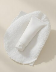 Minimalistic skincare tube on white towel presents beauty product for commercial promotion