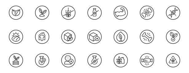 Healthy Food Icon set in round forms and Line Art Style for Certified Organic Claims, Packaging