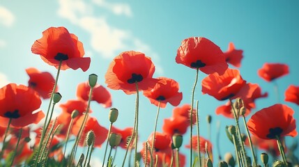 Red poppy flowers field under blue sky summer nature floral background wallpaper stock photo image