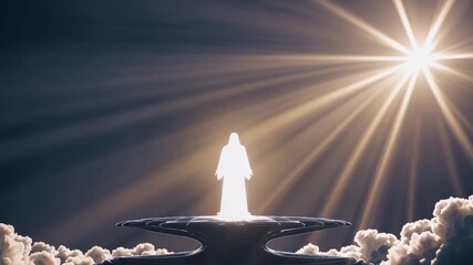 Majestic Man on Divine Throne Against Sunlit Platform Epic Backdrop for Inspirational Campaigns, Boosting Creativity and Tranquility.