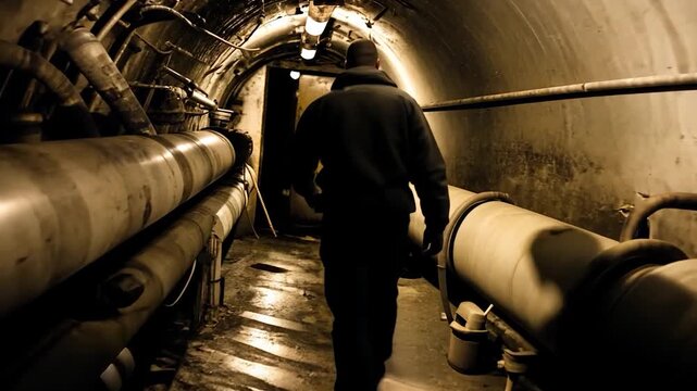 Solitary figure walks through a dimly lit, large-diameter industrial tunnel lined with aged pipes and conduits