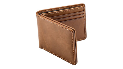 Classic Brown Bifold Leather Wallet for Men with Detailed Stitching Isolated on Transparent Background