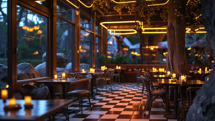 Romantic restaurant interior design with candlelit tables and glowing ambient lighting for dining