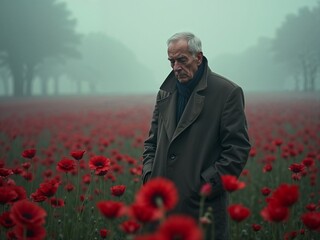 Elderly man walks through poppy field on misty morning in quiet remembrance and thought