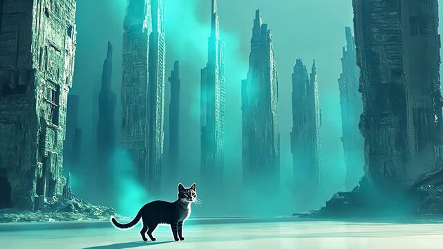 A lone cat amidst a futuristic, ruined cityscape