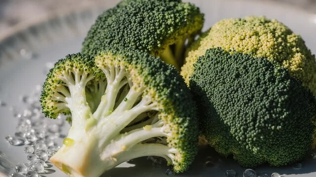 Fresh broccoli florets on a plate displaying detailed texture and bright color