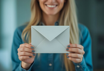 Woman smiles while holding a light blue envelope in a bright indoor setting during the day