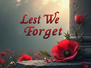 Red remembrance poppy beside stone pillar under sky with Lest We Forget inscription visible