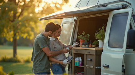 A scene showing a young couple installing solar panels on a van, near a solar-powered food truck, beneath hanging air-purifying plants, with bokeh background effect.