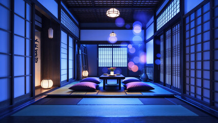 Fototapeta premium Serene japanese interior depicting a traditional room with soft lighting and floor cushions