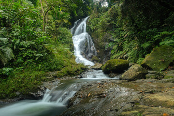 Scenic Waterfall sawer malasari, Bogor, west java, Flowing Through a Lush Green Forest With Stunning Serenity