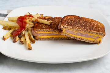 spam melt sandwich  with  french fries