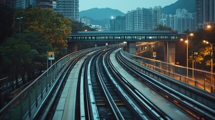 Fototapeta premium Urban cityscape with elevated train tracks at twilight.