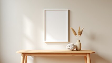 Minimalist White Vertical Frame Above a Wooden Console Table with Pampas Grass and Vases