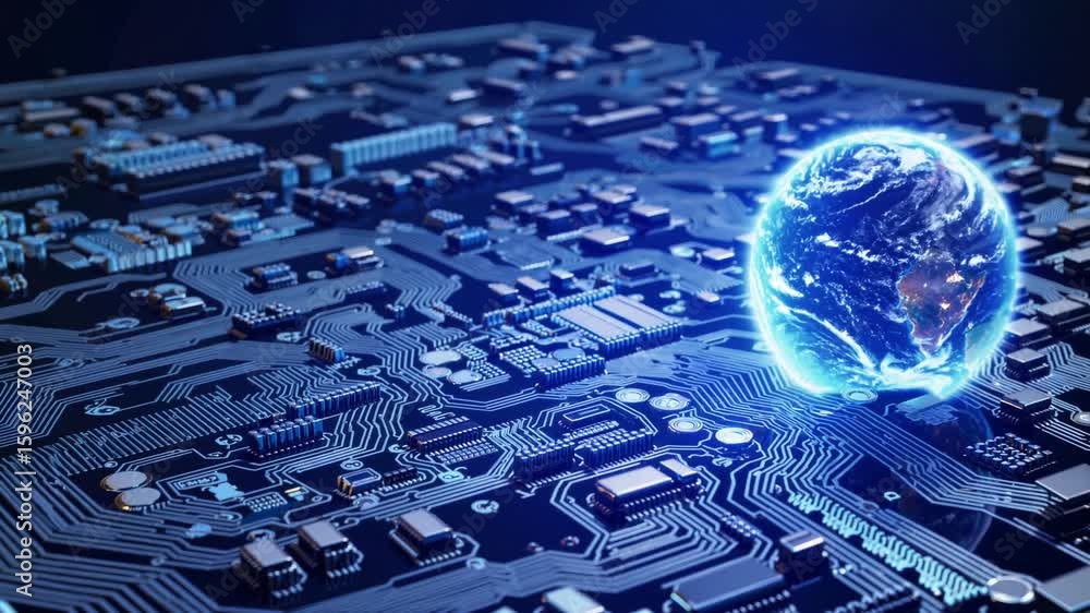 Poster highresolution closeup of a computer motherboard with a striking planetary composition perfect for t