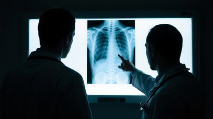 Two anonymous doctors analyzing a spinal x-ray on a light box, discussing a patient's diagnosis in a hospital