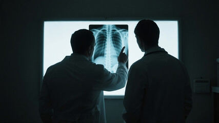 Two anonymous doctors analyzing a spinal x-ray on a light box, discussing a patient's diagnosis in a hospital