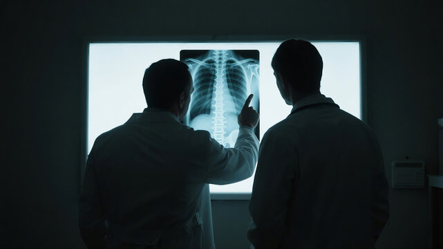 Two anonymous doctors analyzing a spinal x-ray on a light box, discussing a patient's diagnosis in a hospital