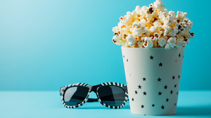 Popcorn in a star-patterned bucket with sunglasses on blue background