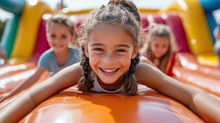 Joyful children playing on an inflatable bounce house, enjoying a fun and active summer adventure 