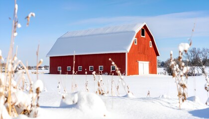 Aerial View of a Red Barn in Quiet, Snow-Covered Countryside with Serene Winter Landscape, Frosty Fields, Trees, Wooden Fence, Fluffy White Blanket, Rural Farmhouse, Scenic Cabin, and Stillness